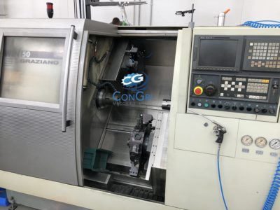 Tornio CNC 4 assi con due torrette Graziano Twin 50 da barra completo di caricatore di spezzoni LNS